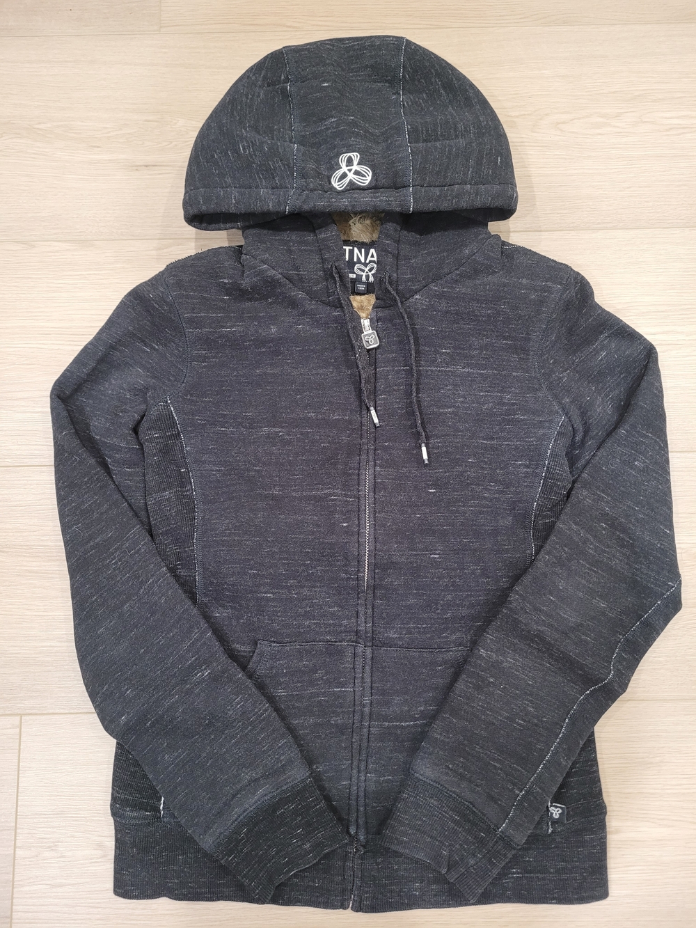 Aritzia TNA Pacific Faux Fur Lined Charcoal Zip-Up Hoodie Sweater Y2K Style